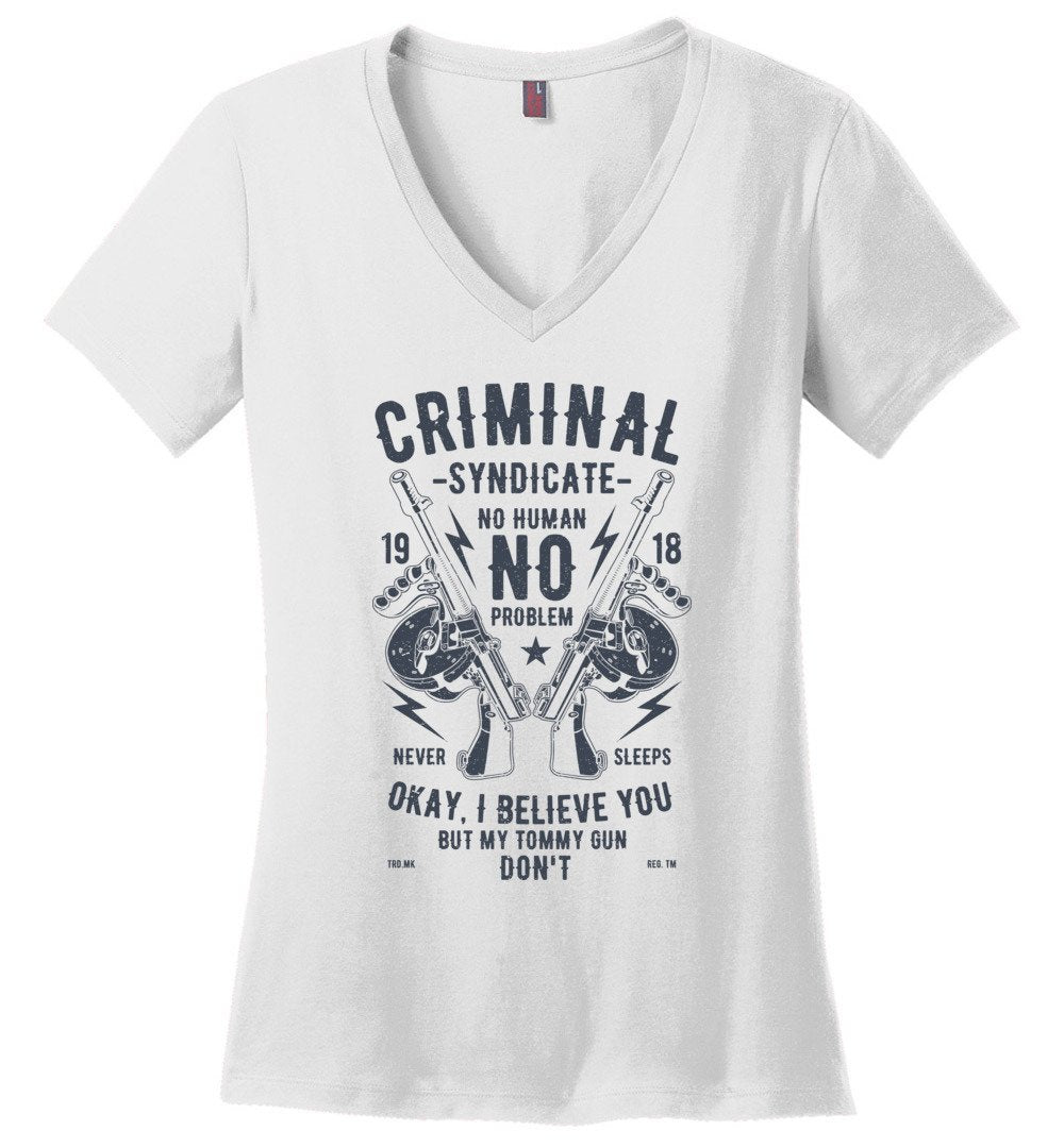 Thompson Submachine Gun Women's Pro Gun V-Neck Tee - White