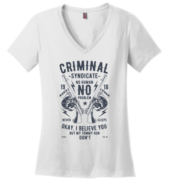 Thompson Submachine Gun Women's Pro Gun V-Neck Tee - White