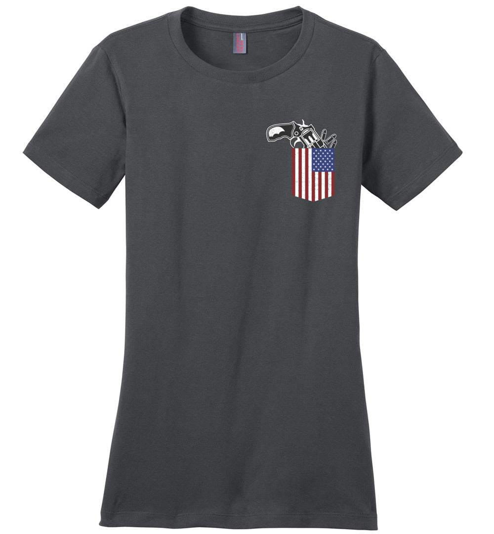 Gun in the Pocket, USA Flag-2nd Amendment Ladies T Shirts-Charcoal