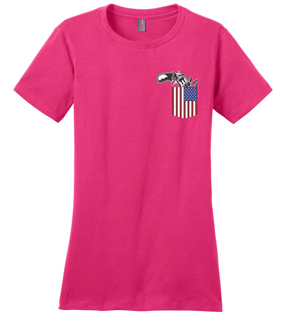 Gun in the Pocket, USA Flag-2nd Amendment Ladies T Shirts-Pink