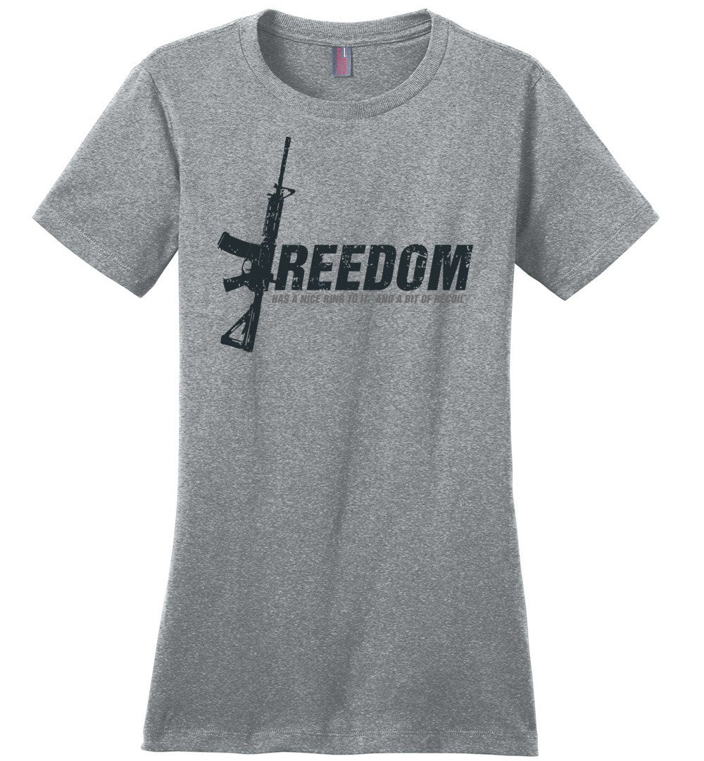 Freedom Has a Nice Ring to It. And a Bit of Recoil - Women's Pro Gun Clothing - Heathered Steel T Shirt