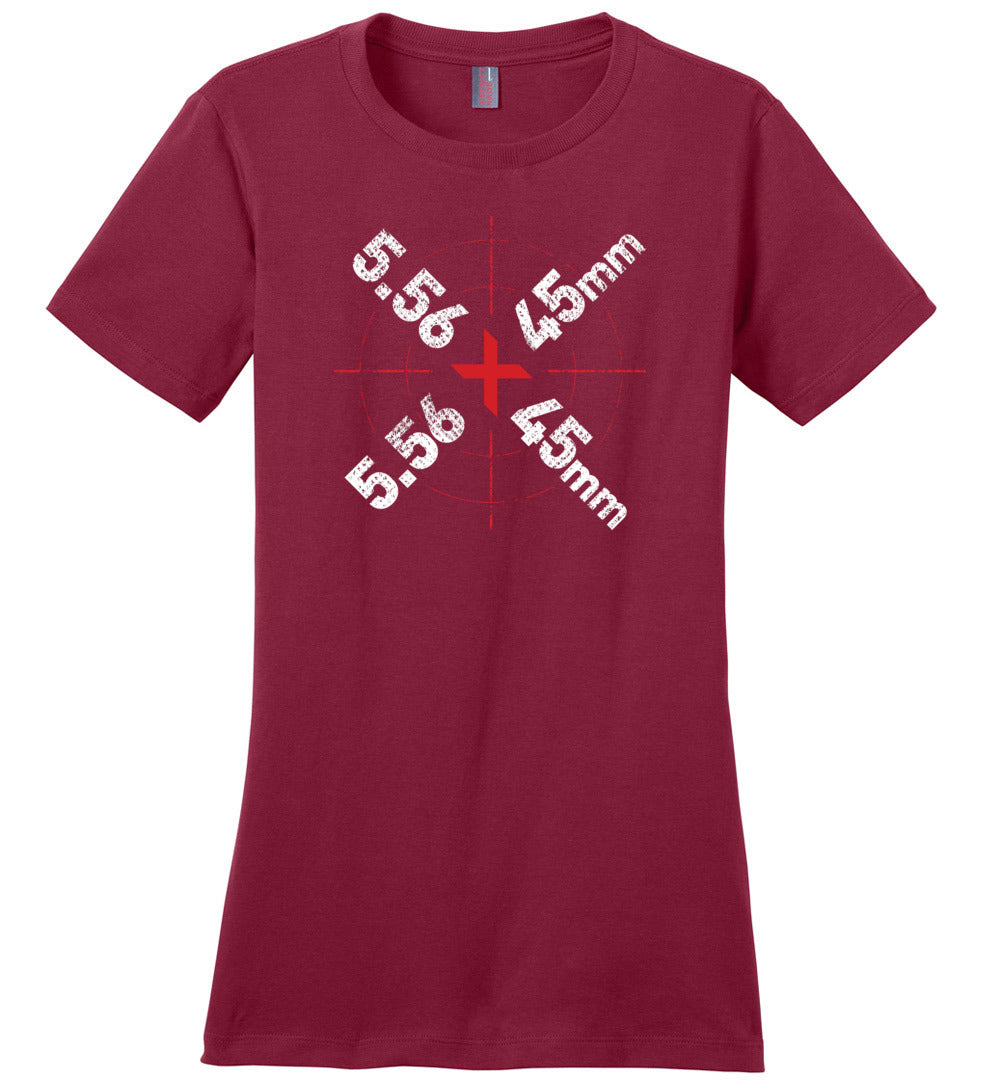 5.56 x 45mm Caliber Ammo AR-15 Shooting Gun Women's T-Shirt - Sangria