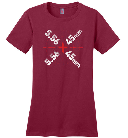 5.56 x 45mm Caliber Ammo AR-15 Shooting Gun Women's T-Shirt - Sangria
