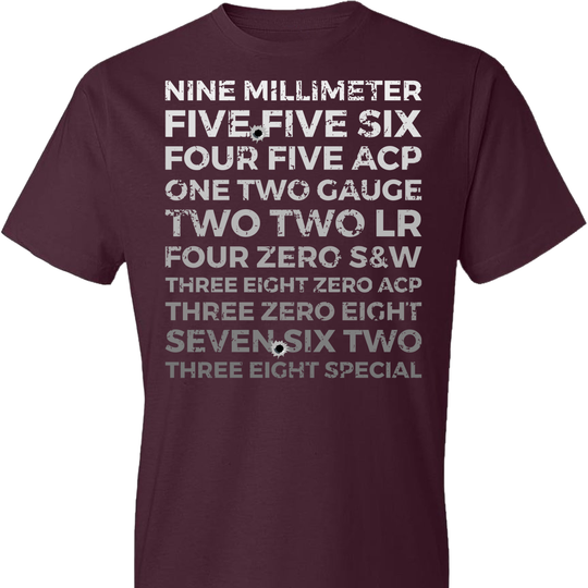 Top 10 Most Popular U.S. Calibers - Men's Pro Gun T-Shirt - Maroon