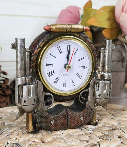 Rustic Western Cowboy Dual Pistol Revolver Clock (4.75")