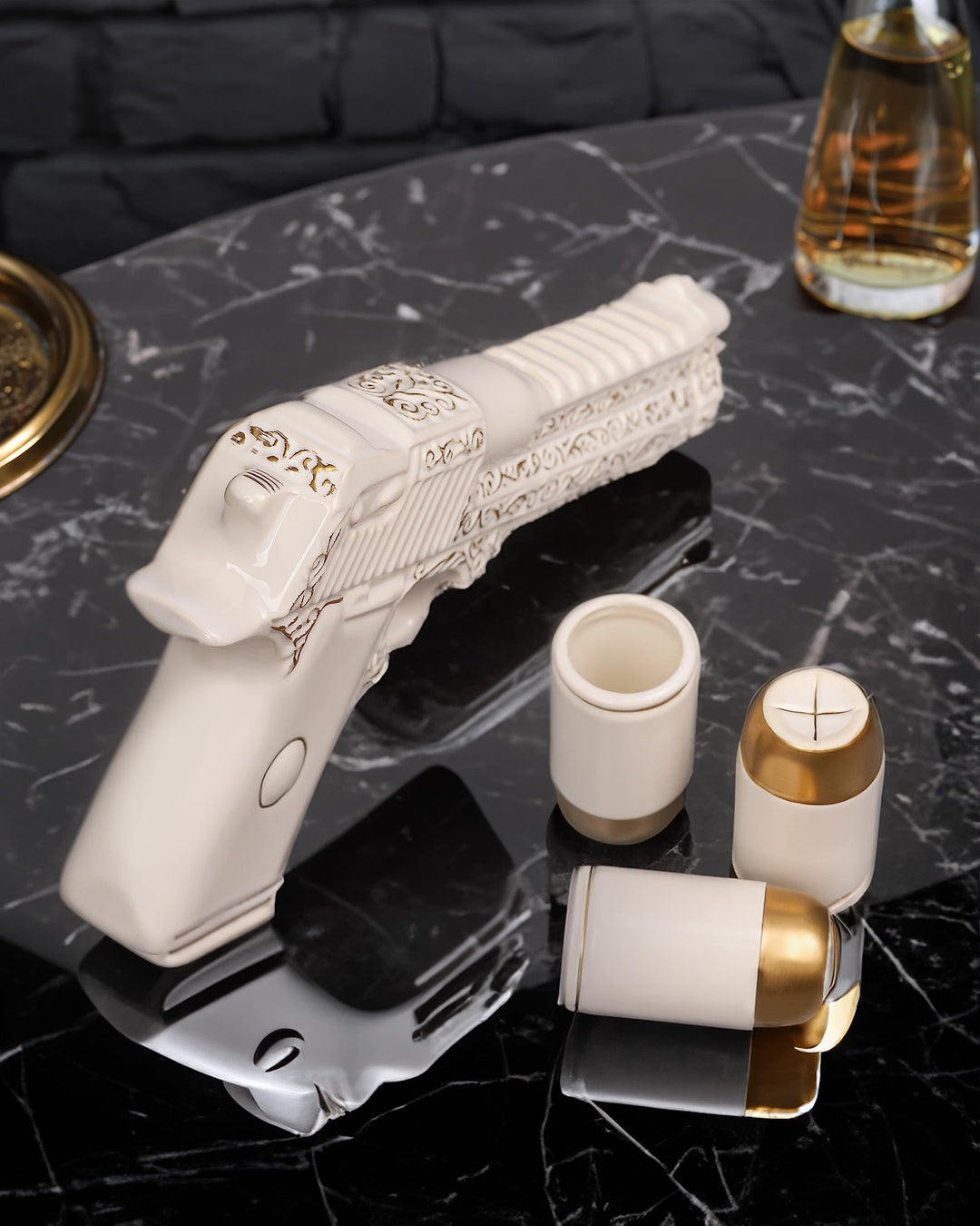 Ceramic Gun Whiskey Decanter Set with 3 Bullet Shot Glasses (17 oz)