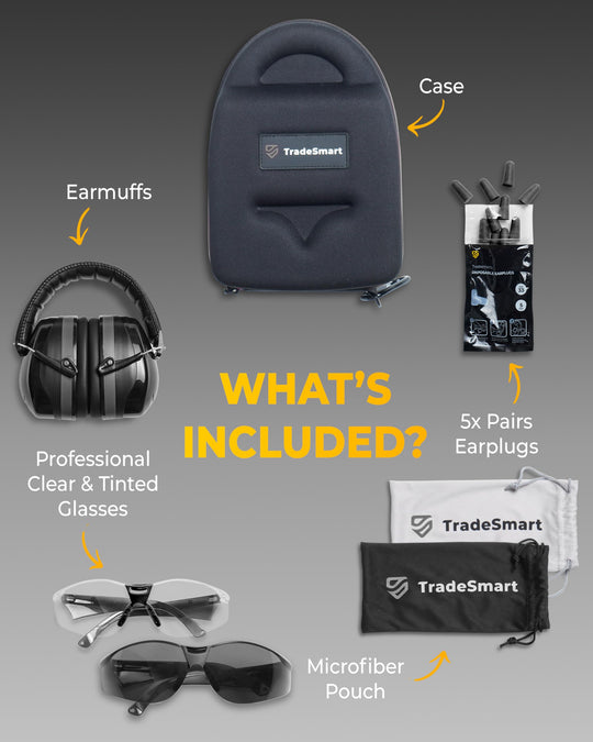 TradeSmart All-in-One Shooting Ear Protection - Comfort+ NRR 28 Earmuffs, Glasses & Earplugs + Carry Case