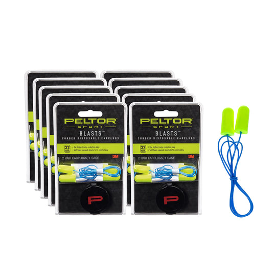 Peltor Sport Blasts Corded Disposable Earplugs 97081-10C, 2 Pair Pack, Neon Yellow