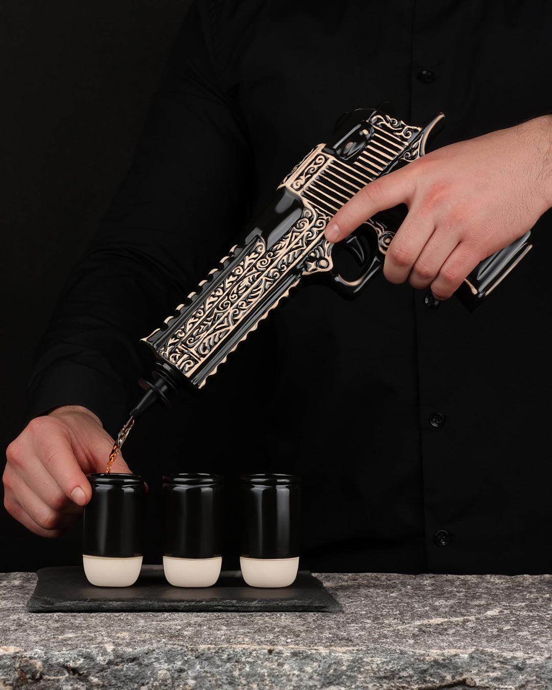 Ceramic Gun Whiskey Decanter Set with 3 Bullet Shot Glasses (17 oz)