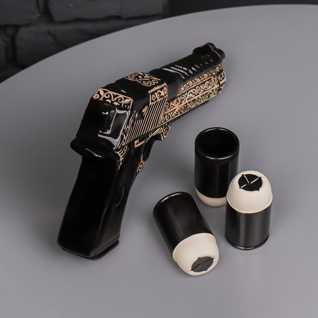 Ceramic Gun Whiskey Decanter Set with 3 Bullet Shot Glasses (17 oz)