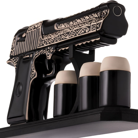 Ceramic Gun Whiskey Decanter Set with 3 Bullet Shot Glasses (17 oz)