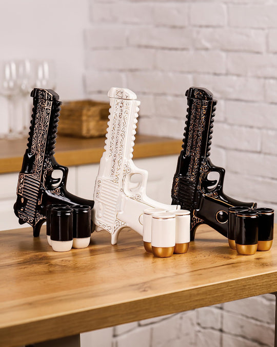 Ceramic Gun Whiskey Decanter Set with 3 Bullet Shot Glasses (17 oz)