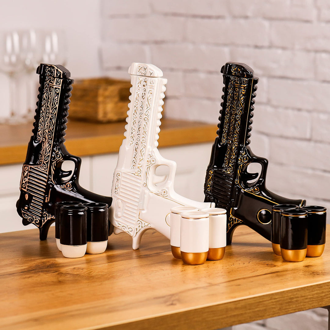 Ceramic Gun Whiskey Decanter Set with 3 Bullet Shot Glasses (17 oz)