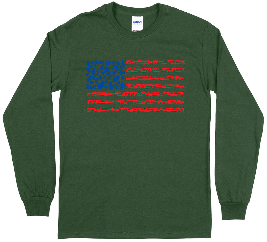American Flag Made of Guns Silhouettes 2nd Amendment Long Sleeve Men's T-Shirt - Forest Green