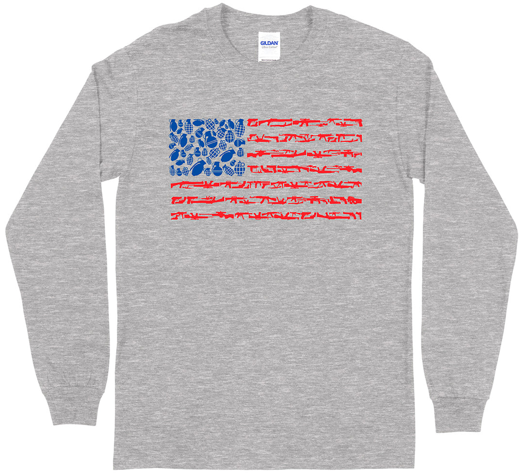 American Flag Made of Guns Silhouettes 2nd Amendment Long Sleeve Men's T-Shirt - Sports Grey