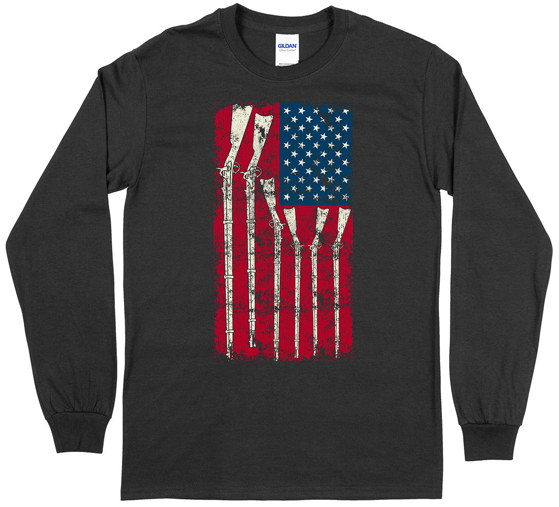 American Flag with Guns 2nd Amendment Long Sleeve T-Shirt - Black