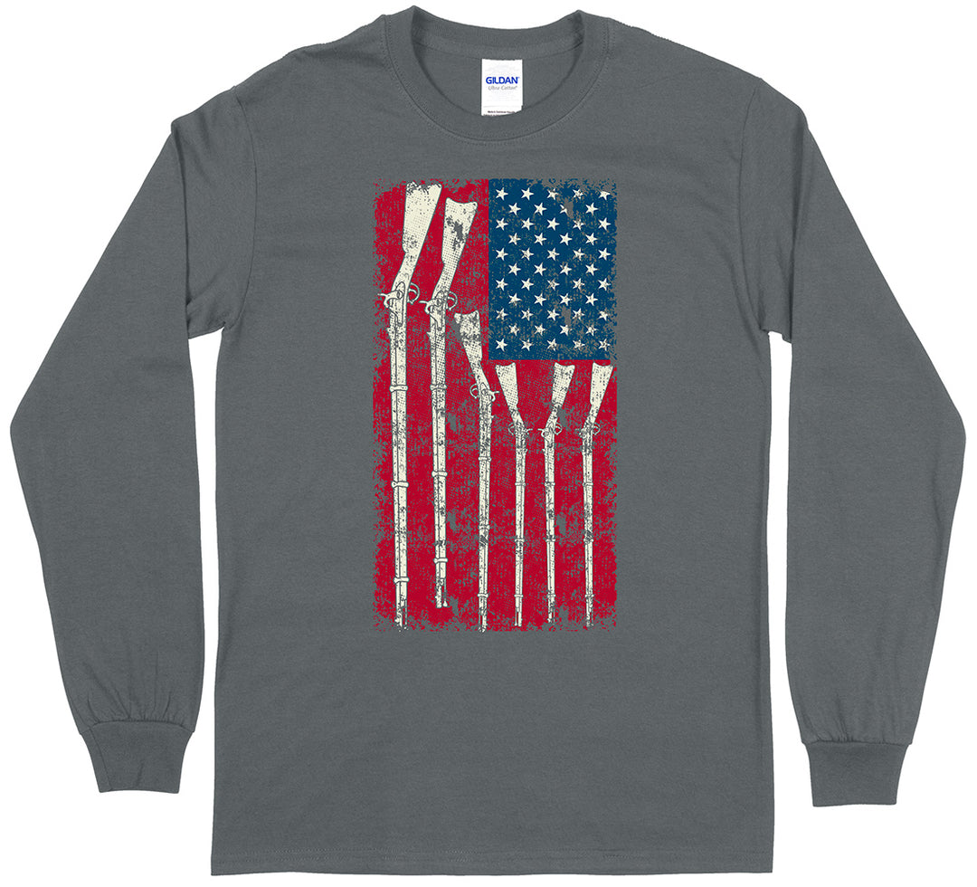 American Flag with Guns 2nd Amendment Long Sleeve T-Shirt - Charcoal