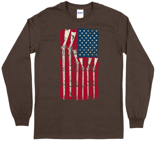 American Flag with Guns 2nd Amendment Long Sleeve T-Shirt - Dark Chocolate