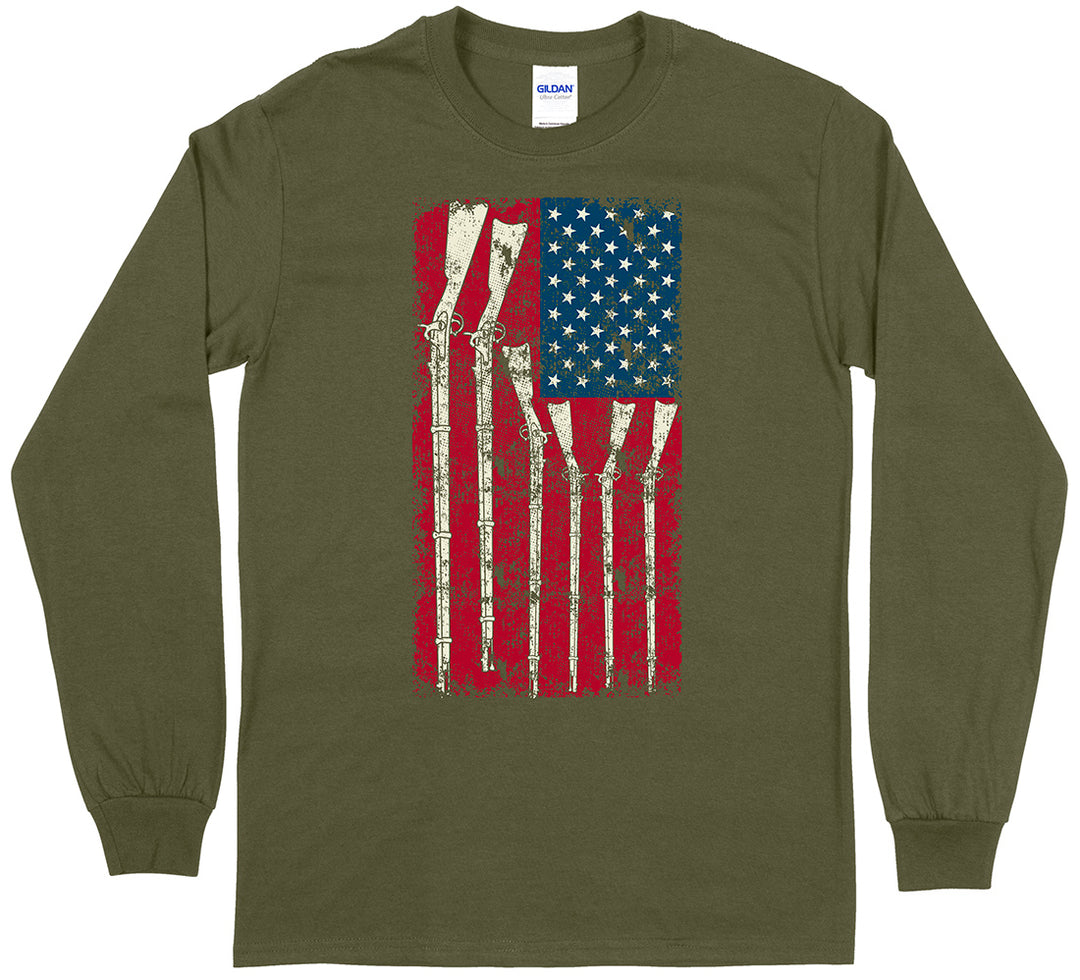 American Flag with Guns 2nd Amendment Long Sleeve T-Shirt - Military Green