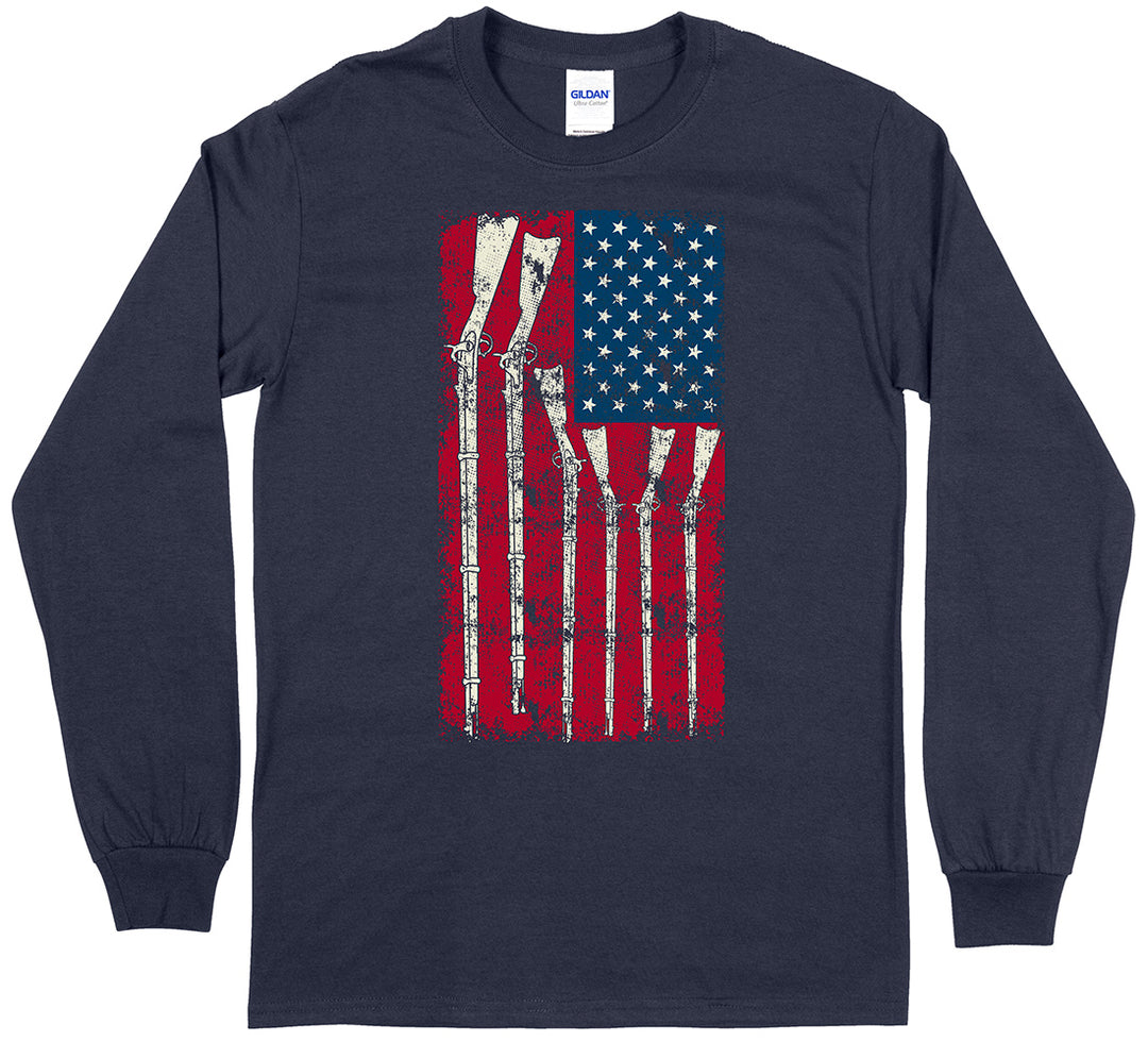 American Flag with Guns 2nd Amendment Long Sleeve T-Shirt - Navy