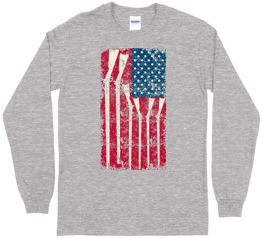 American Flag with Guns 2nd Amendment Long Sleeve T-Shirt - Sports Grey
