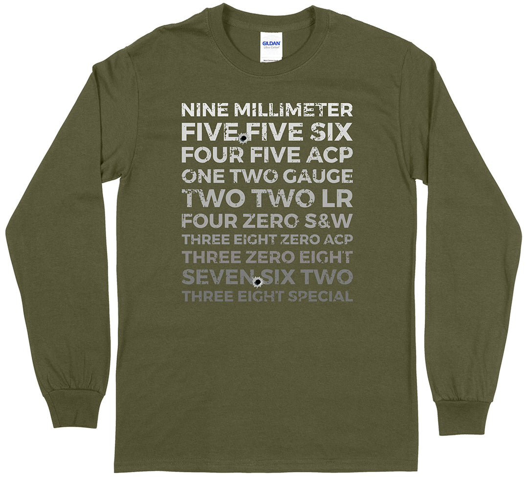Top 10 Most Popular U.S. Calibers Pro-Gun Long Sleeve T-Shirt - Military Green