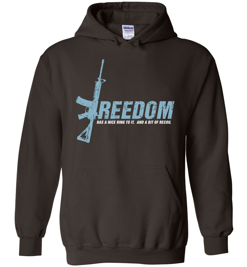 Freedom Has a Nice Ring to It. And a Bit of Recoil - Men's Pro Gun Clothing - Dark Brown Hoodie