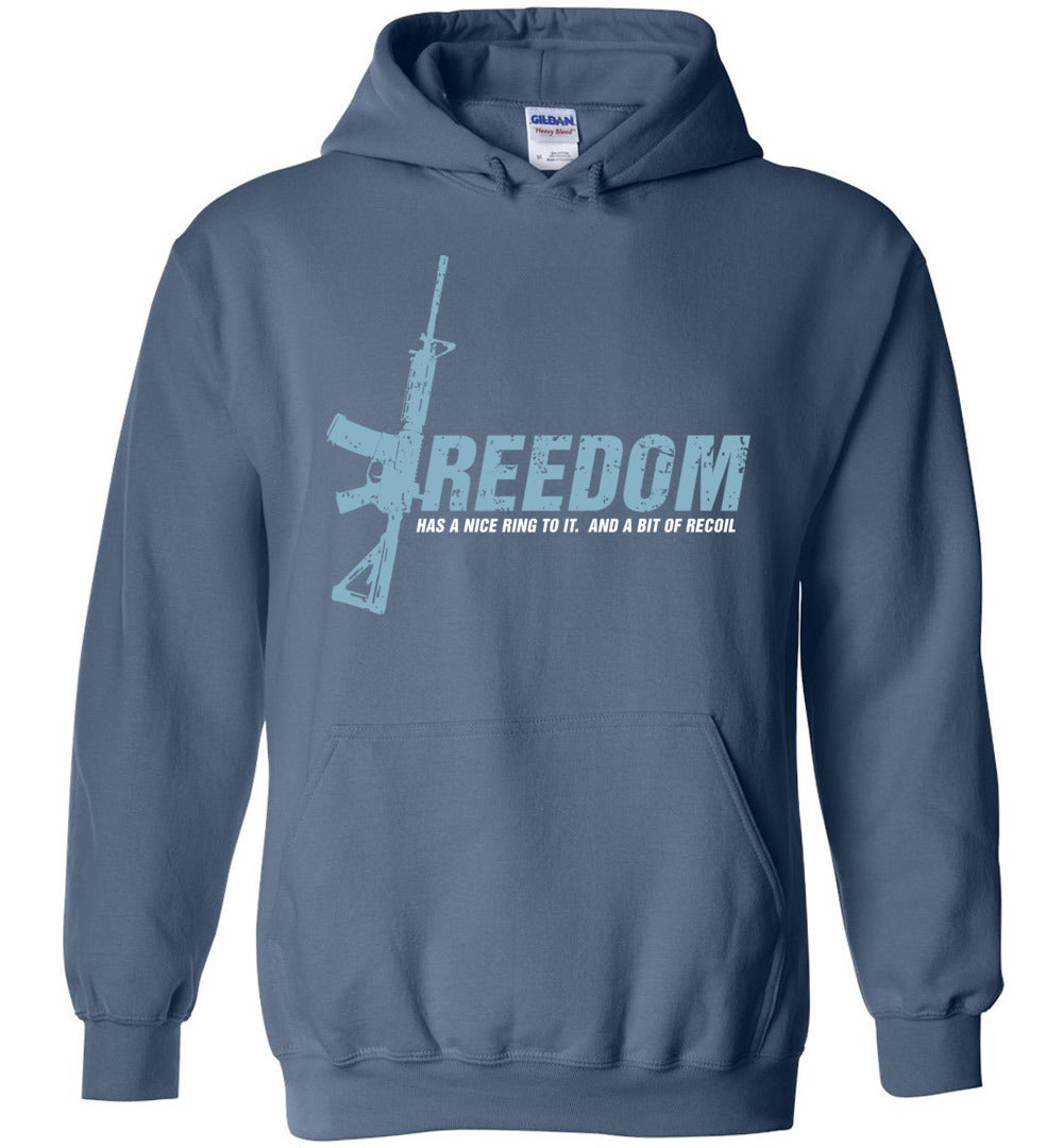 Freedom Has a Nice Ring to It. And a Bit of Recoil - Men's Pro Gun Clothing - Indigo Blue Hoodie