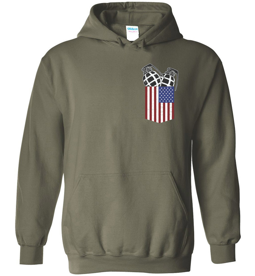 Pocket With Grenades Men's 2nd Amendment Hoodie - Military Green