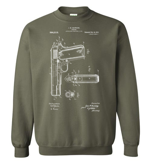 Colt Browning 1911 Handgun Patent Men's Sweatshirt -  Military Green