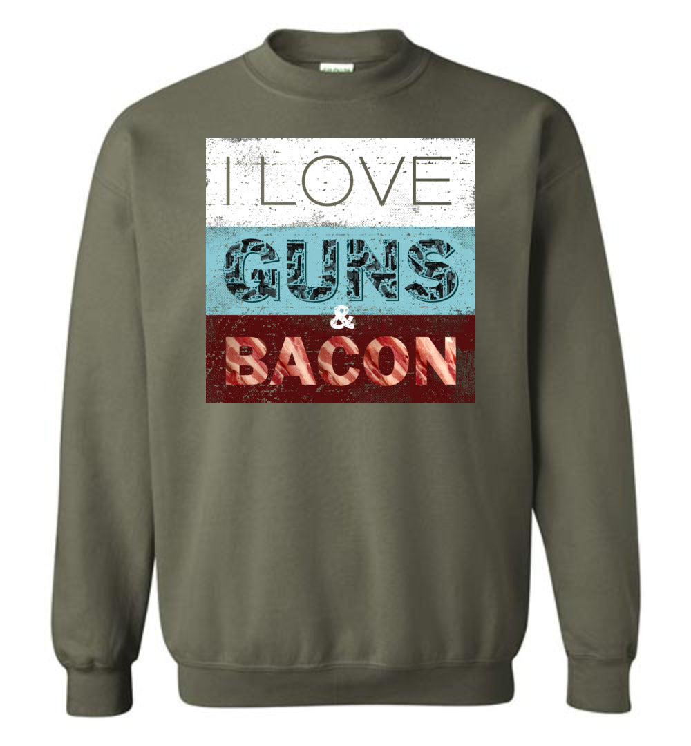 I Love Guns & Bacon - Men's Pro Firearms Apparel - Military Green Sweatshirt
