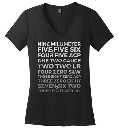 Top 10 Most Popular U.S. Calibers - Ladies Pro Gun V-Neck T-Shirt - Black