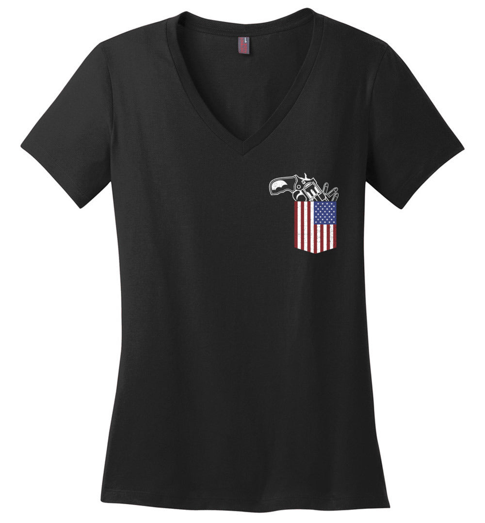 Gun in the Pocket, USA Flag-2nd Amendment Ladies V-Neck T Shirts-Black