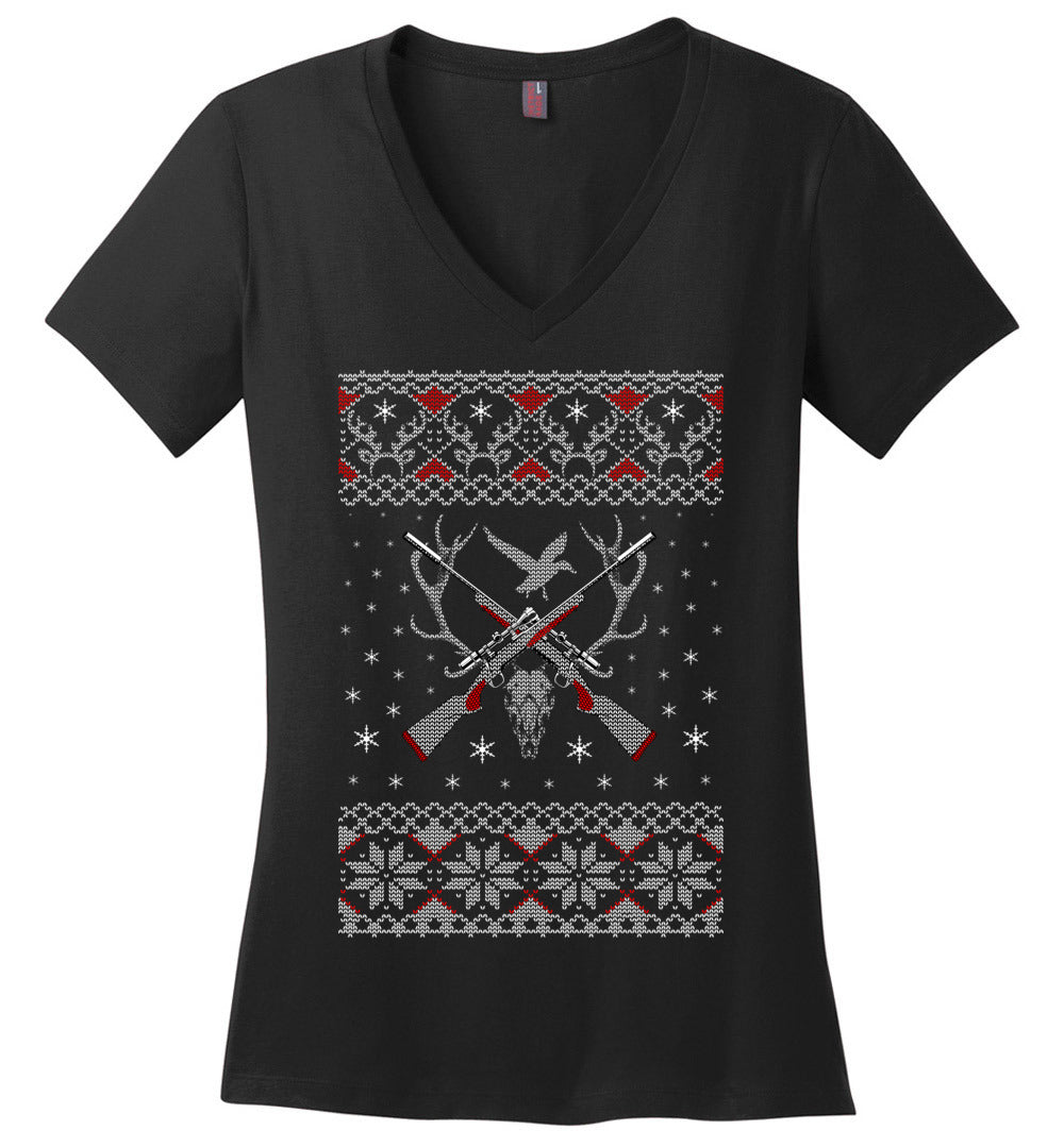 Hunting Ugly Christmas Sweater - Ladies V-Neck Tshirt - Black
