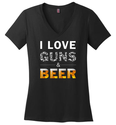 I Love Guns & Beer - Women's Pro Firearms Apparel - Black V-Neck T Shirts