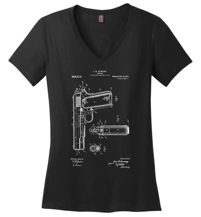 Colt Browning 1911 Handgun Patent Women's V-Neck Tshirt - Black