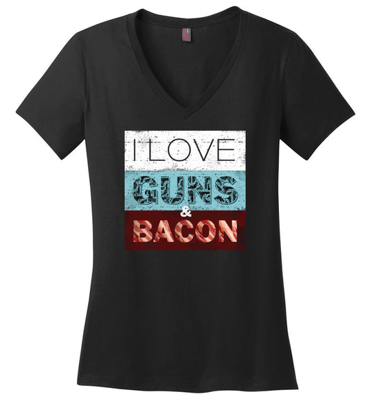 I Love Guns & Bacon - Women's Pro Firearms Apparel - Black V-Neck T-Shirt
