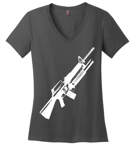 M16A2 Rifles with M203 Grenade Launcher - Pro Gun Tactical Ladies V-Neck Tee - Charcoal