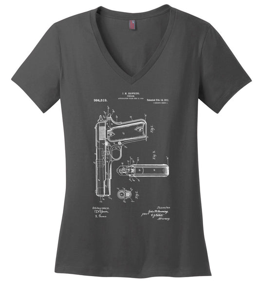 Colt Browning 1911 Handgun Patent Women's V-Neck Tshirt - Charcoal