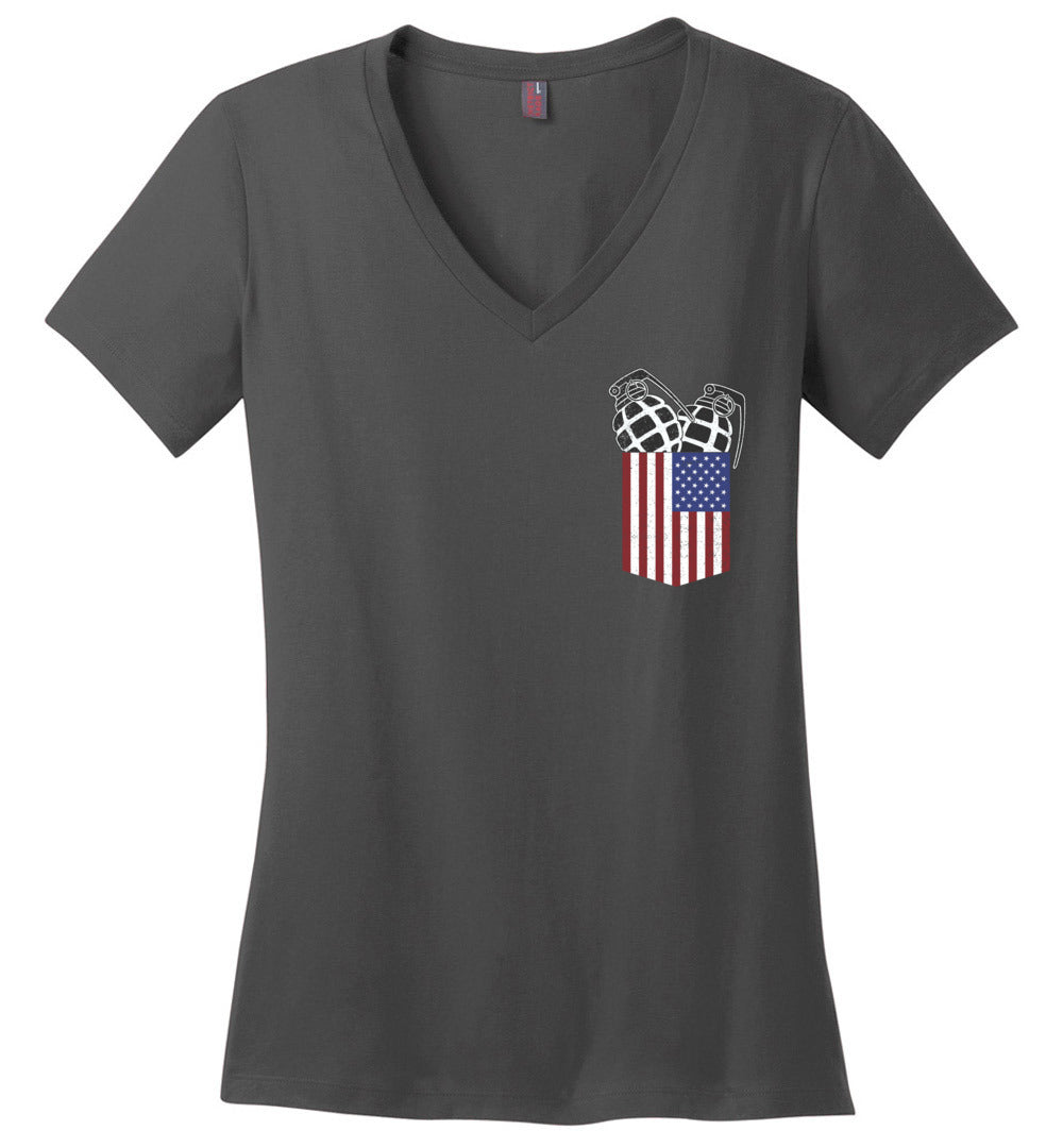 Pocket With Grenades Ladies 2nd Amendment V-Neck T-Shirt - Charcoal