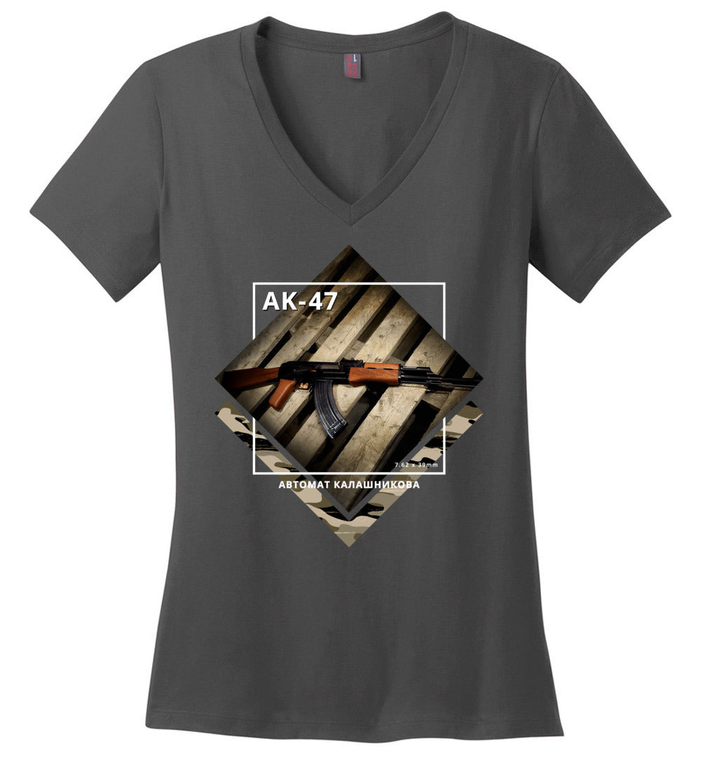 AK-47 Rifle - Tactical Ladies Apparel - Charcoal V-Neck Tee