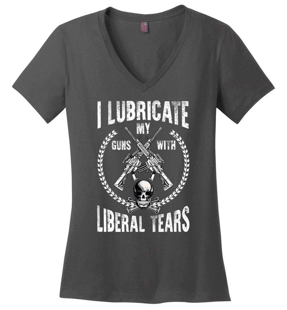 I Lubricate My Guns With Liberal Tears - Pro Gun Women's Apparel - Charcoal V-Neck T Shirts