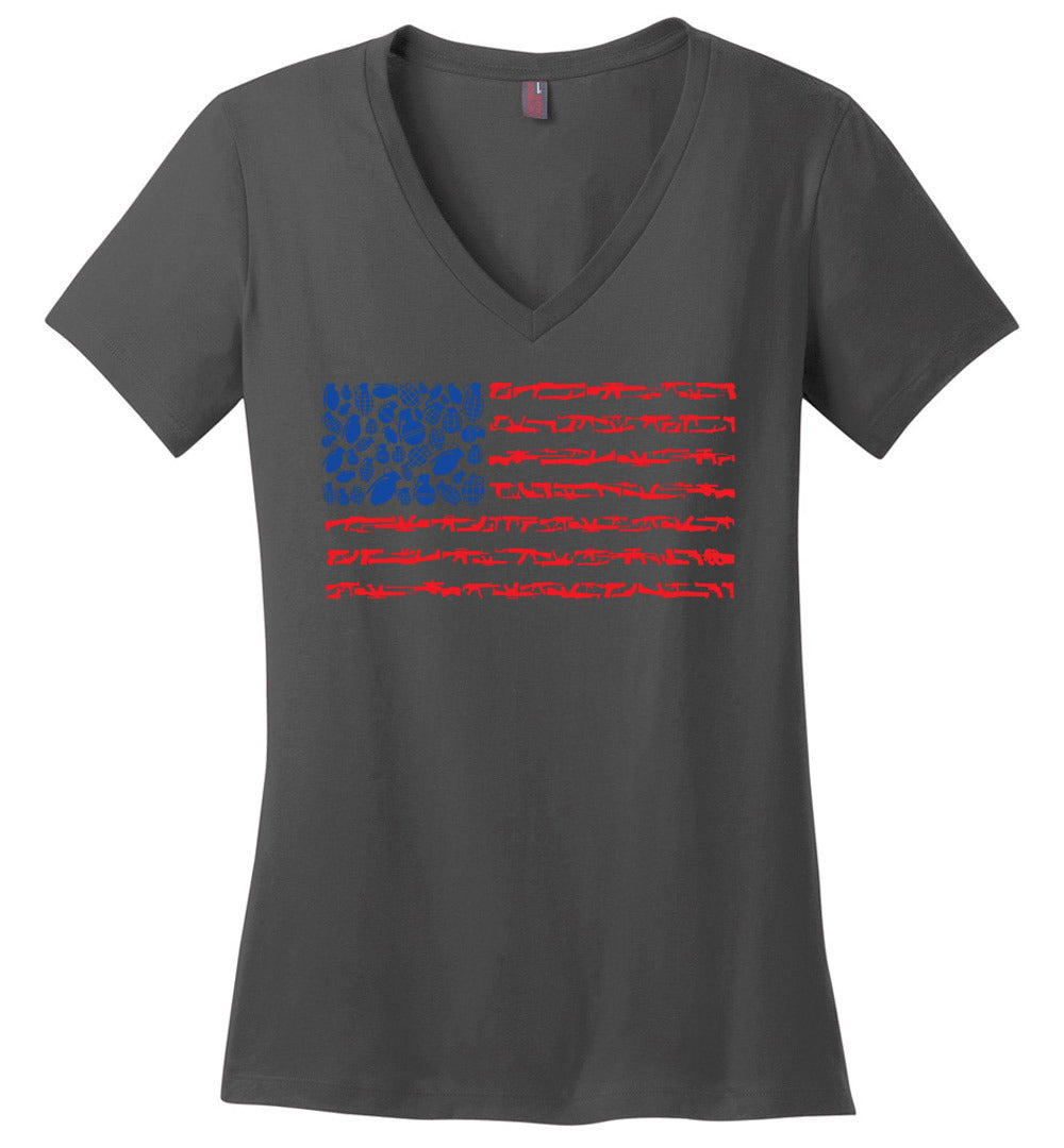 American Flag Made of Guns 2nd Amendment Women’s V-Neck Tee - Charcoal