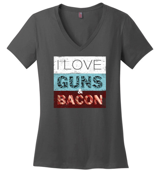 I Love Guns & Bacon - Women's Pro Firearms Apparel - Charcoal V-Neck T-Shirt
