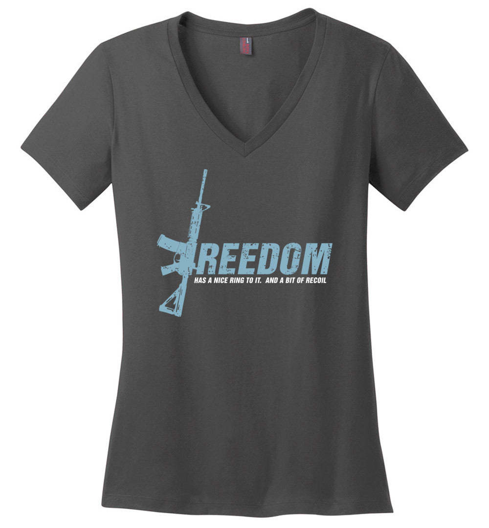Freedom Has a Nice Ring to It. And a Bit of Recoil - Women's Pro Gun Clothing - Dark Grey V-Neck T Shirt