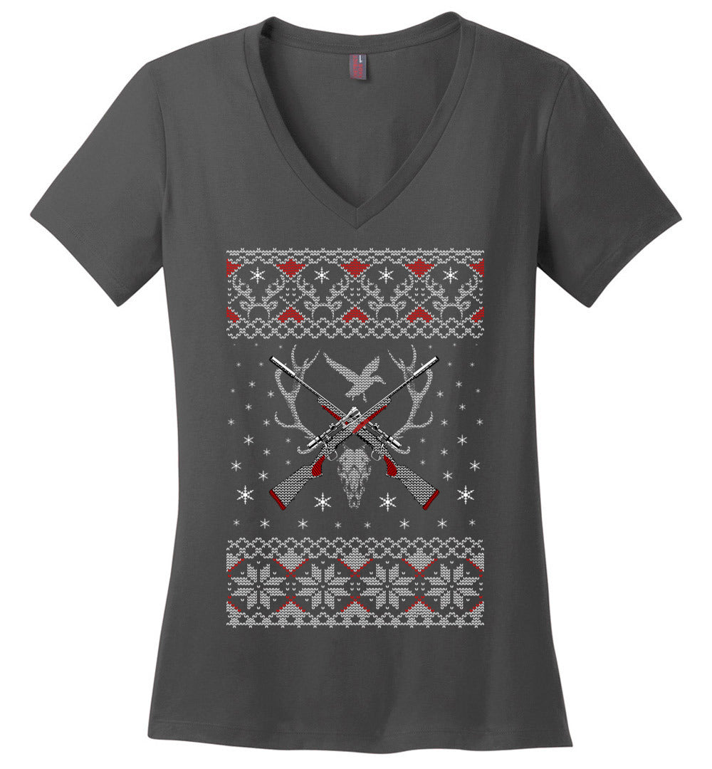 Hunting Ugly Christmas Sweater - Ladies V-Neck Tshirt - Charcoal