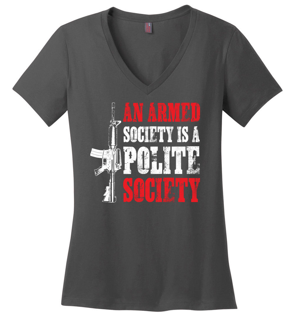 An Armed Society is a Polite Society - Shooting Ladies V-Neck Tshirt - Charcoal