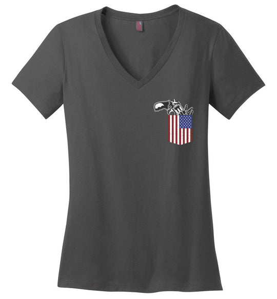 Gun in the Pocket, USA Flag-2nd Amendment Ladies V-Neck T Shirts-Dark Grey