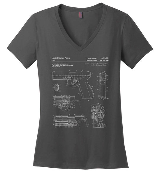 Glock Handgun Patent Women's V-Neck T Shirts - Charcoal