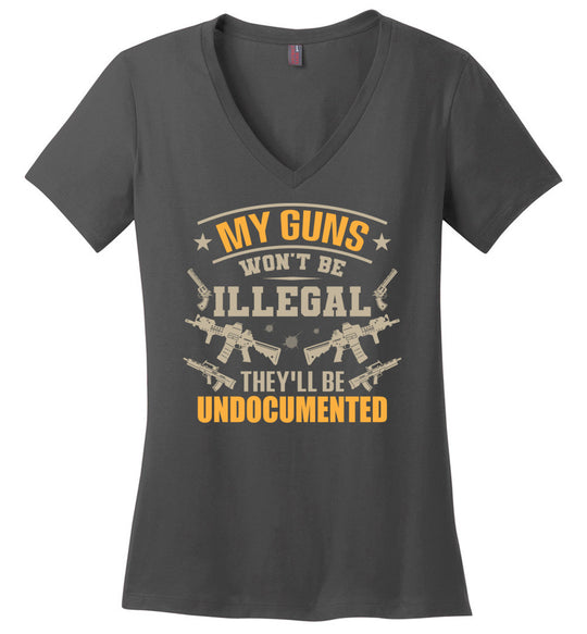 My Guns Won't Be Illegal They'll Be Undocumented - Women's Shooting Clothing - Charcoal V-Neck T-Shirt